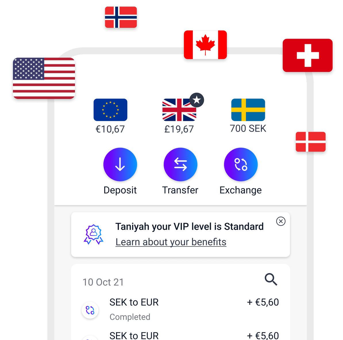 Hold and send money in 30+ currencies