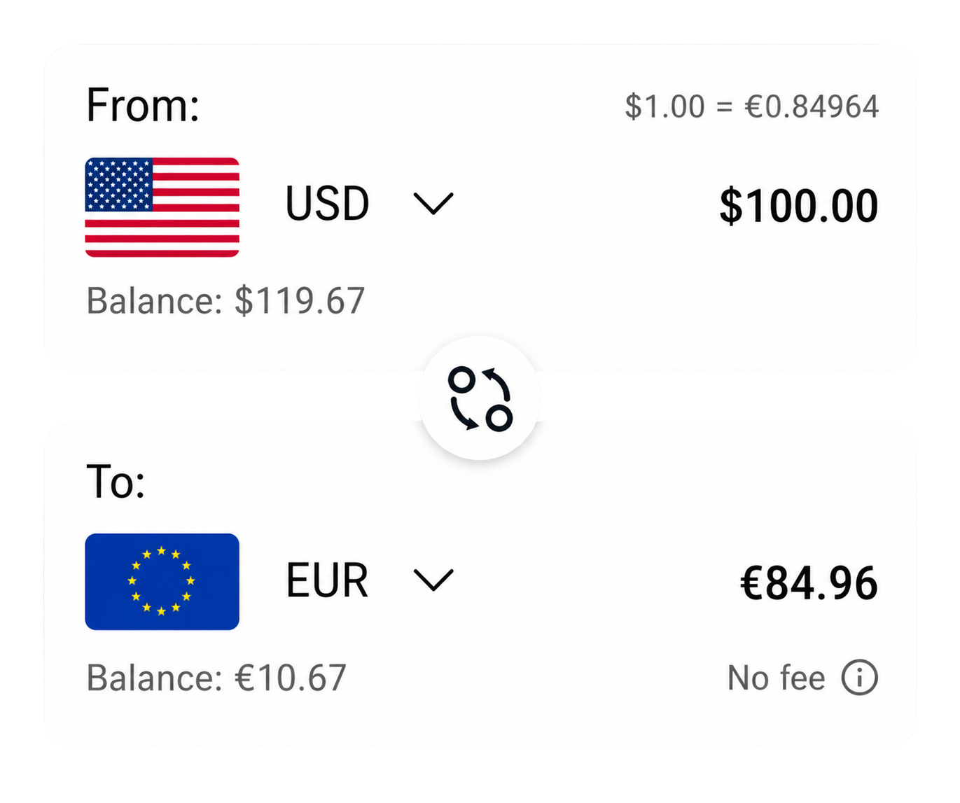 Exchange currencies instantly